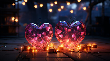 Two glass pink hearts, burning candles and lights. 