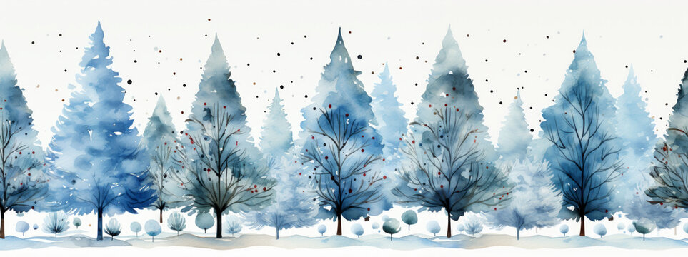 Watercolor background of snow-covered trees