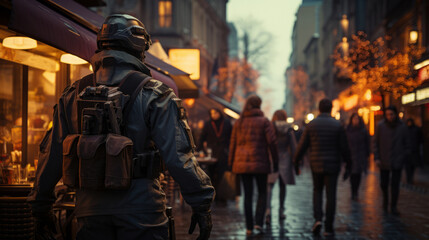 Soldier against the backdrop of a peaceful city