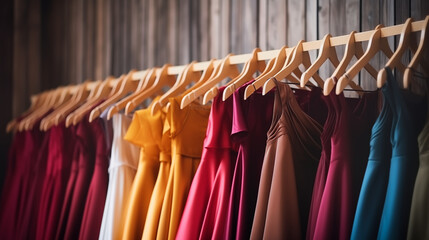 Robe de soir&eacute;e, tenues &eacute;l&eacute;gantes sur des portants et cintres. V&ecirc;tement, luxe, haute couture. Magasin, habits, mode. Pour conception et cr&eacute;ation graphique.