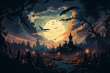 Dark night halloween artwork illustration - obrazy, fototapety, plakaty