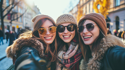 Three smiling girls take a selfie in the city
