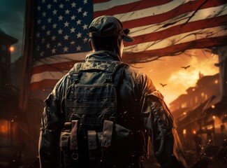 Naklejka premium Soldier in a military uniform on the background of the American flag.
