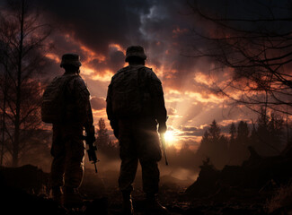 Silhouette of soldiers with assault rifle in the forest at sunset