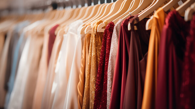 Robe de soir&eacute;e, tenues &eacute;l&eacute;gantes sur des portants et cintres. V&ecirc;tement, luxe, haute couture. Magasin, habits, mode. Pour conception et cr&eacute;ation graphique.