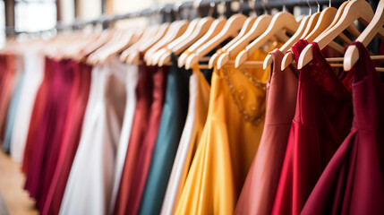 Robe de soir&eacute;e, tenues &eacute;l&eacute;gantes sur des portants et cintres. V&ecirc;tement, luxe, haute couture. Magasin, habits, mode. Pour conception et cr&eacute;ation graphique.