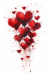 Red watercolor hearts on a white background. Valentine's day.