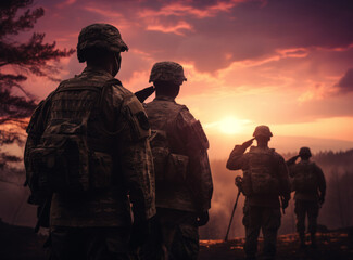 Silhouette of soldiers with assault rifle in the forest at sunset