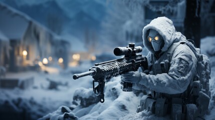 Special forces soldier with assault rifle in snowy forest. - obrazy, fototapety, plakaty