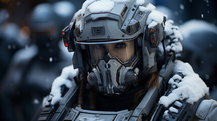 Fototapeta premium Special forces soldier with assault rifle in snowy forest.