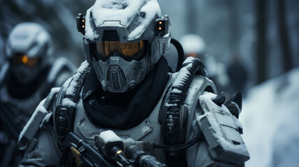 Special forces soldier with assault rifle in snowy forest.