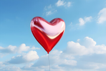 Heart shaped red air balloon flying in blue sky. Symbol of love. St Valentine's day concept. Romantic greeting card or banner for birthday party, anniversary, wedding, women's, mother's day
