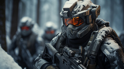 Special forces soldier with assault rifle in snowy forest.