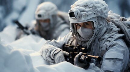 Fototapeta na wymiar Special forces soldier with assault rifle in snowy forest.