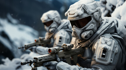 Special forces soldier with assault rifle in snowy forest.