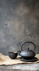 Elegantly arranged black teapot and tea cup on a minimalist background. Ideal for a serene and sophisticated Instagram stories