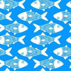 Seamless background with blue fish for fabrics, textiles, packaging and wallpaper. Vector illustration - obrazy, fototapety, plakaty