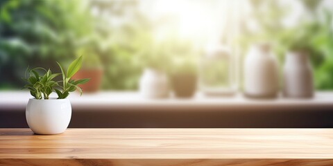 Blurry light background for product display with white table, wooden desk, counter, and shelf surface as backdrop. Empty wooden table top against blurred kitchen room background for food banner or
