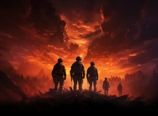 Military silhouettes fighting scene on war fog sky background - obrazy, fototapety, plakaty