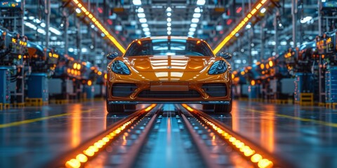 Engineering Marvel: A Luxurious Sports Car on the Assembly Line, Illuminated by the Precision of...