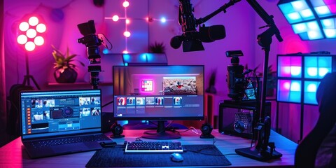 Blogger's room for shooting videos, neon lighting background
