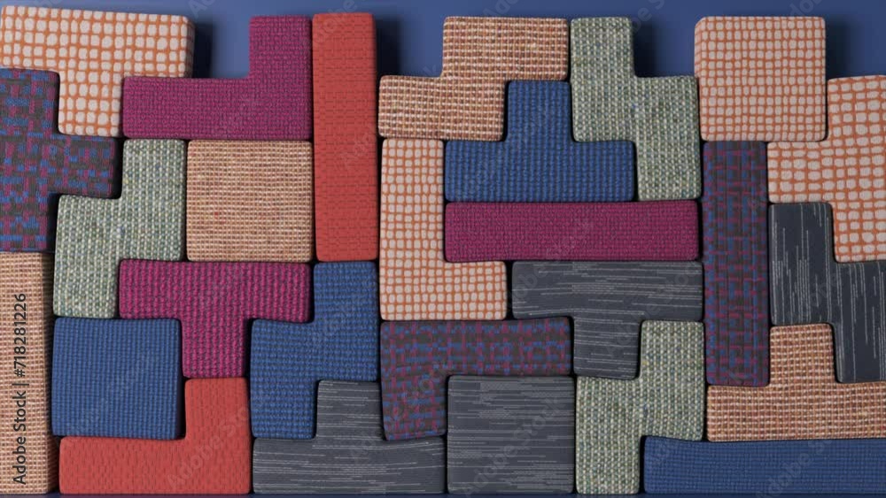 Poster vivid 3d animation of tessellated puzzle fabric pieces with dynamic textures in an interlocking patt