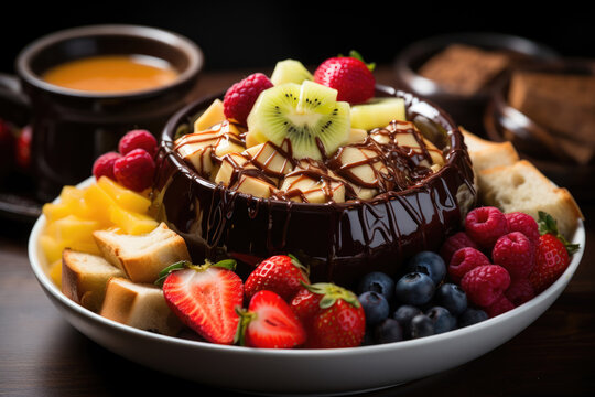 A picture of Chocolate fondue in bowl mix fruit healthy foods Generative AI