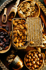 Handmade wicker baskets with almonds, hazelnut, walnut. Vintage food background with different nuts and baskets.