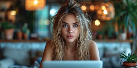 Young woman is working on a laptop after an intense workout