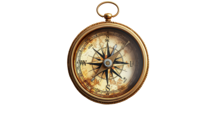Vintage brass compass isolated on transparent background