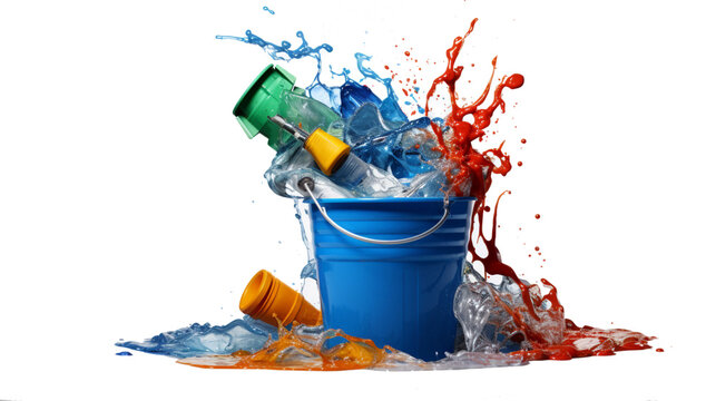 Colored paint splashing paint bucket on the transparent background
