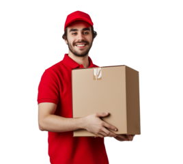 Young smiling logistic delivery man in red uniform holding the box on transparent background