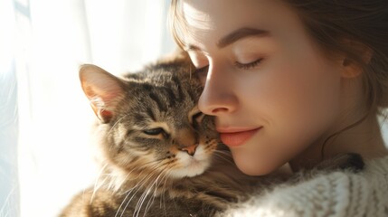 Beautiful young woman with cat at home, closeup. Lovely pet