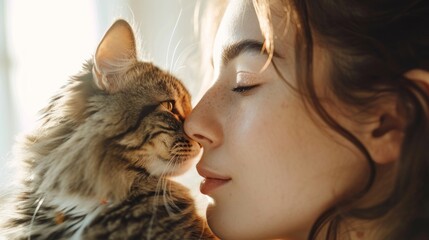 portrait of a young girl with a fluffy cat, she kisses and hugs him, the concept of tenderness and love for animals