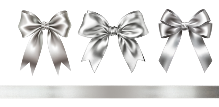 silver bow decoration and ribbon on transparent background