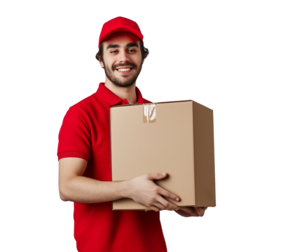 Young smiling logistic delivery man in red uniform holding the box on transparent background