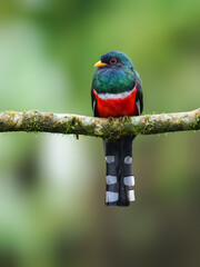 Male Masked Trogon on mossy stick on green background