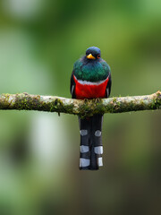 Male Masked Trogon on mossy stick on green background