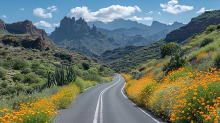 Scenic Mountain Road with Lush Flora near Tasarte, Gran Canaria Generative AI - obrazy, fototapety, plakaty