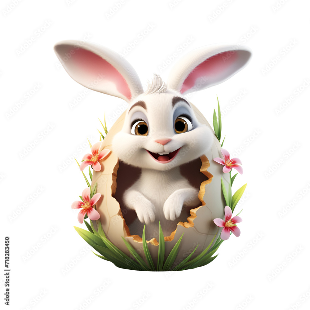 Wall mural rabbit cartoon: happy easter with a cute and happy bunny inside an easter egg, isolated on transpare