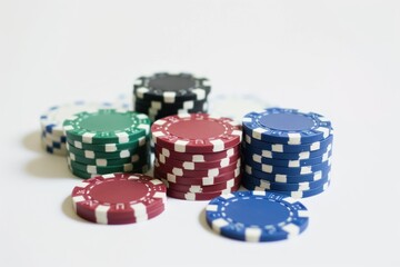 Poker chips isolated on white background. Close up. Casino concept. Casino concept with copy space. Online casino. Gambling concept with copy space.