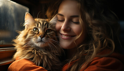 A cute cat and a smiling woman, pure happiness generated by AI