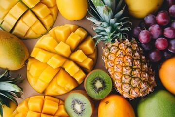 Assortment of vibrant tropical fruits, neatly arranged on a clean surface, in the style of light yellow and light orange
