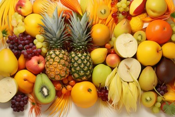Naklejka na ściany i meble Assortment of vibrant tropical fruits, neatly arranged on a clean surface, in the style of light yellow and light orange 