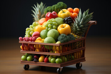 Assorted market shopping cart basket fresh vegetables and fruits on dark background Generative AI