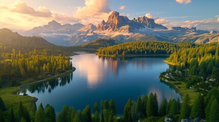 Aerial View of Dolomites Lake and Alps Peak in Misurina, Italy Generative AI - obrazy, fototapety, plakaty