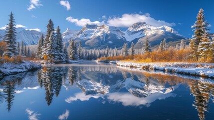 Winter Reflection of Rocky Mountains in Bow River, Alberta, Canada Generative AI