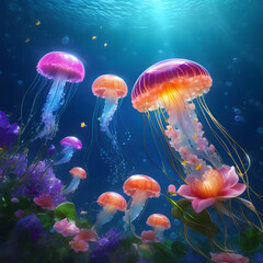 Bioluminescent jellyfish ballet in the deep ocean