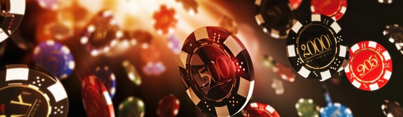 Poker chips flying in the air against casino table. Casino theme. Colorful casino chips and cards on green background. Casino concept with copy space. Online casino. Gambling concept with copy space.