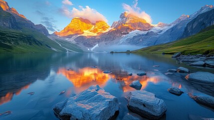 Majestic Mountain Landscape with Illuminated Peaks and Reflection in Mountain Lake Generative AI